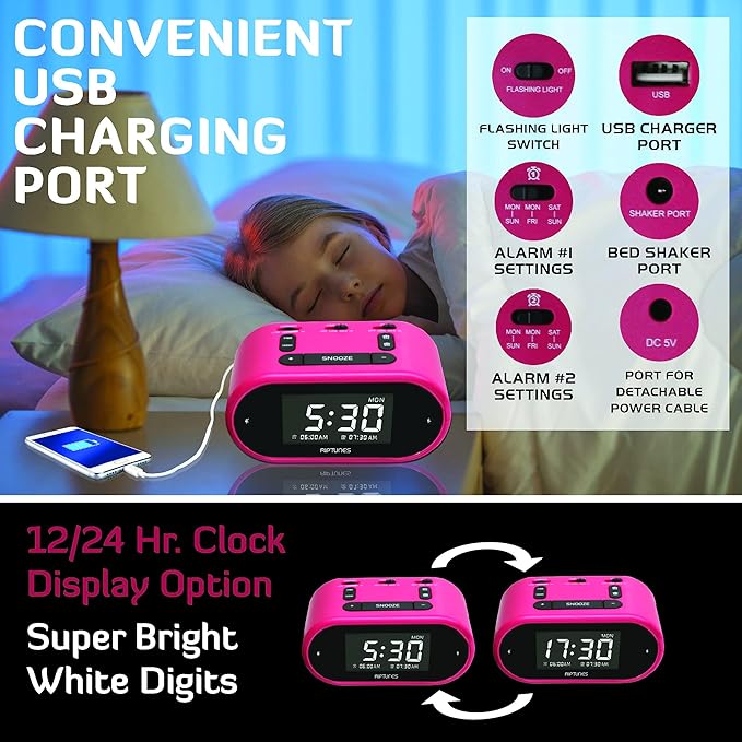 Riptunes Loud Alarm Clock with Bed Shaker for Heavy Sleepers & Hearing Impaired - Dual Alarm for Bedroom Weekday and Weekend Settings USB Charging, Dimmer, Snooze