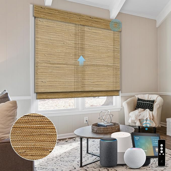 SmartWings Motorized Natural Woven Wood Shades for Windows, Electric Roman Shades with Remote for Bedroom Living Room, Work with Matter Zigbee Alexa Z-Wave Google Home, Customized, Jute 077