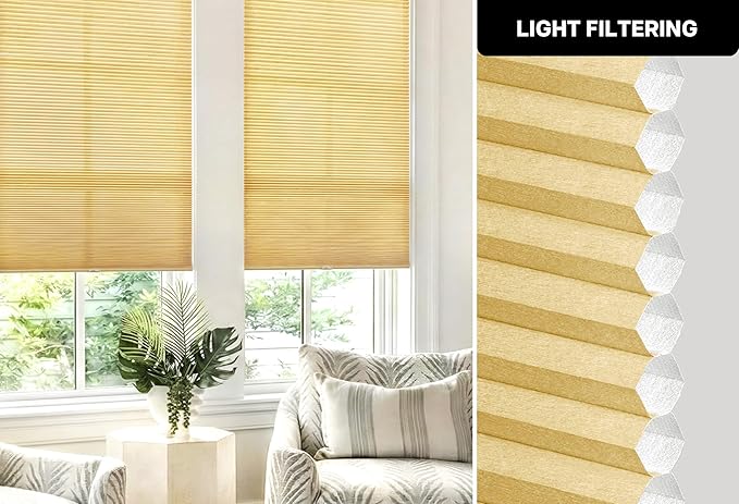 LazBlinds Cordless Cellular Shades, No Tools No Drill Light Filtering Honeycomb Shades Pleated Blinds for Windows, 46'' W x 64'' H, Yellowish-Brown