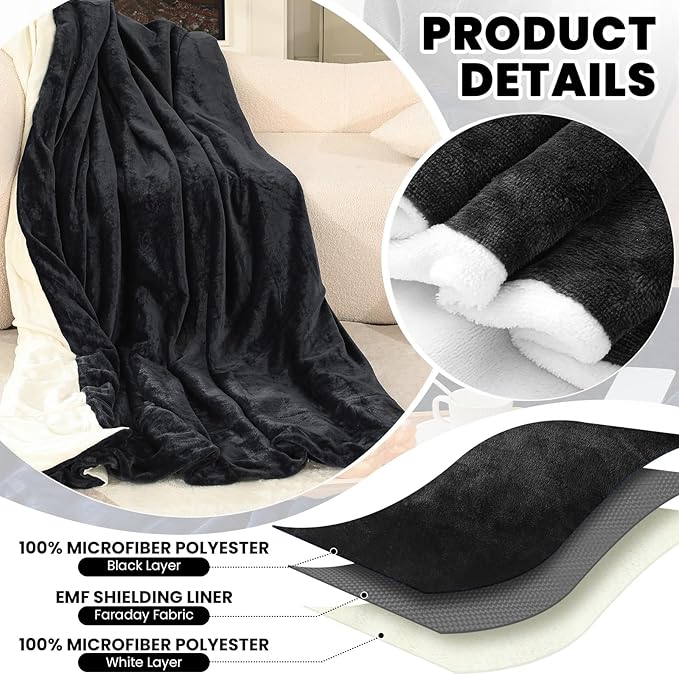 Preboun 61 x 51.18 Inch Large Faraday Blanket for Pregnant Babies, Emf Blanket Protection 5 G, Bluetooth, Phone Towers, Two Sides Using for Beds Couches Travel(Flannel, Black)