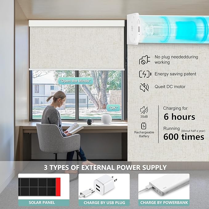 Aprilsmart Motorized Blinds with Remote,Compatible with Apple HomeKit Alexa Google Home- Voice and app Control,Motorized Roller Shades 100% Blackout Custom Size (Linen Stone-01)
