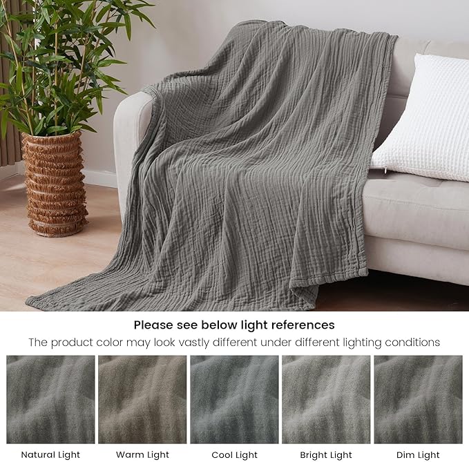 PHF Cooling Muslin Throw Blanket for Hot Sleepers, 60% Rayon Derived from Bamboo, 40% Cotton for Summer, 4-Layer Breathable Gauze Blanket for Bed Couch, 50"x60", Grey