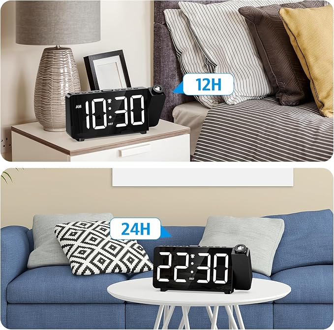 Digital Projection Alarm Clock for Bedroom Ceiling-Alarm Clocks with 180°Projector, 5 Level Brightness, DST, Snooze, Night Mode, Loud Alarms for Kids,Heavy Sleepers, 12/24H, for Bedroom
