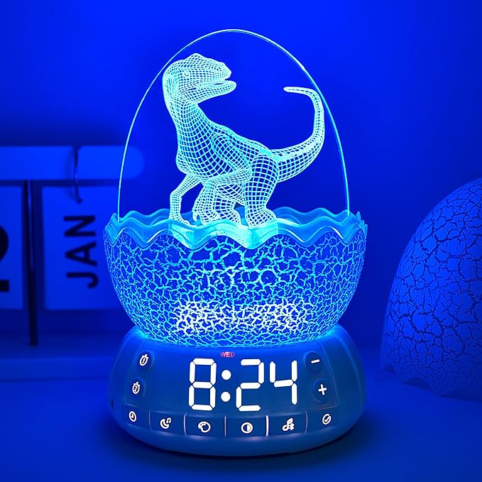 New Dinosaur Egg Clock Velociraptor Night Light Kid's Room Decoration Clock, Touch Control Multi Colors & Music Voice, Cool Dinosaur Decor & Gift Ideal for Kids/Adults