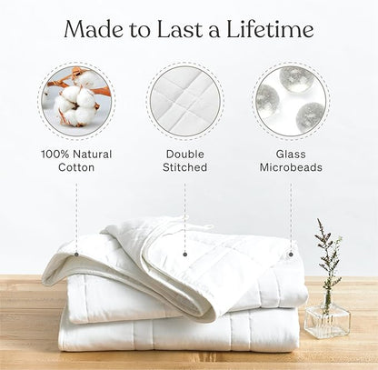 Baloo Weighted Blanket for Adults 15 lb (Pebble White, 60"x80") | Cool & 100% Cotton | Machine Washable & Dryer Safe | Glass Microbead Fill