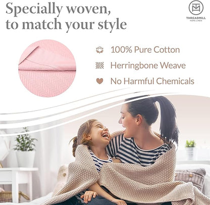 Threadmill Luxury Cotton Blankets for Twin Size Bed | All-Season 100% Cotton Twin Blanket for Bed | Herringbone Soft & Cozy Fall Thermal Blanket, 350GSM, 68x92 inches | English Rose
