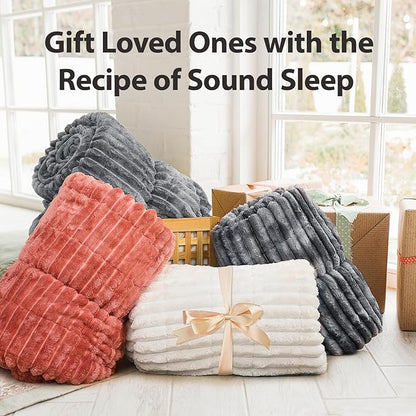 Sherpa Fleece Weighted Blanket with 3D Ribbed Stripes, 15 lbs Soft Flannel Heavy Throw Blanket for Couch Bed Sofa, Heavy Thick Blankets with Glass Beads, Great for Sleep, 48" x 72"