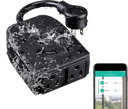 LITEdge Outdoor Smart Plug, WiFi 2-in-1 Plug Power Outlet, Compatible with Google Home & Alexa, APP Cordless Remote Control Smart Outlet Socket, Remote Control, Timer, Waterproof