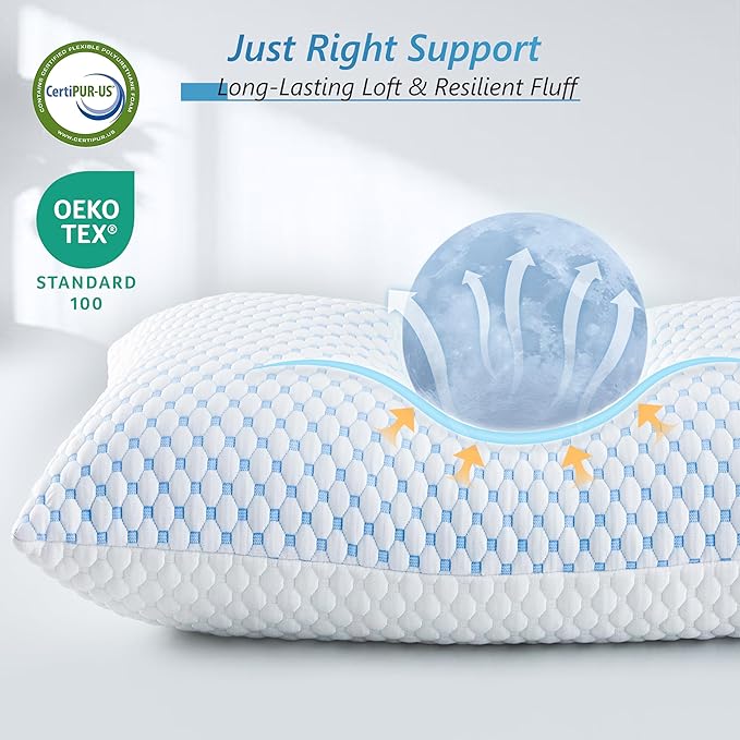 Cooling Firm Bed Pillows Set of 2, Shredded Memory Foam Pillows for Sleeping Luxury Gel Pillows for Side Back Stomach Sleepers with Removable Washable Cover(Blue, Queen)