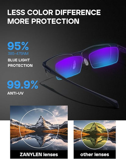 Blue Light Blocking Glasses for Men Semi Rimless Rectangular Computer Glasses Anti Glare UV Gaming Eyeglasses(Trendy Blue Metal Eyeglasses)