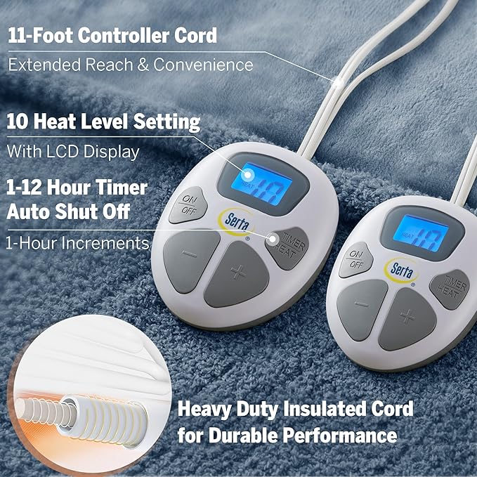 Serta Heated Blanket, Electric King Size Blanket, Soft, Warm, Fuzzy Heating Blanket King for Office, Couch, 1-12 hr Auto Shut Off Timer, 10 Lv Heat Setting, ETL Certified, King 100" x 90" Navy