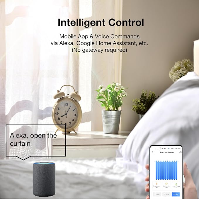 Automatic Curtain Opener, Electronic Curtain Opener, Smart Curtain Opener with APP/Voice Control Only for Roman Rod Tracks, Compatible with Alexa Google Home Timer Light & Temperature Sensor