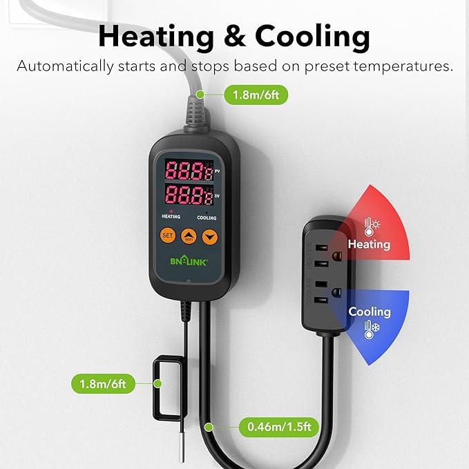 BN-LINK Smart WiFi Digital Temperature Controller Heating Cooling, Works with Alexa and Google Home. For Reptiles Aquarium Carboy Homebrew Breeding Fermenter Seed Germination °C/°F -40-176°F 15A/1875W