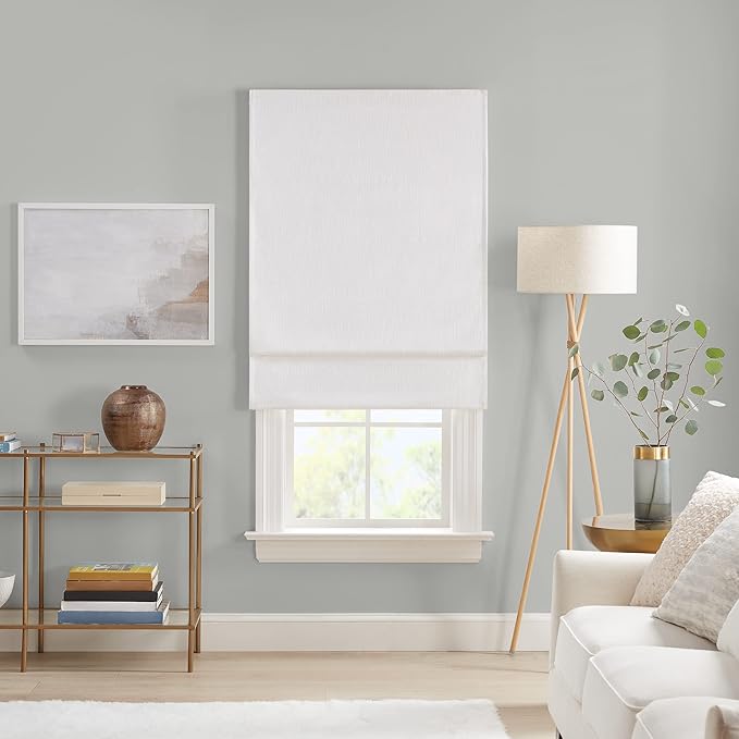 Eclipse Drewton Motorized 100% Blackout Cordless 27 in Wide x 64 in Long Textured Roman Shade in White