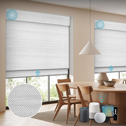 SmartWings Motorized Wood Blinds for Windows, Smart Wooven Shades Blackout/Light fitlering with Remote for Sliding Doors, Work with Matter Homekit Zigbee Alexa Z-Wave Google, Customized, Bamboo 702