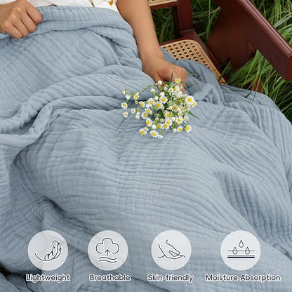 PHF Cooling Muslin Blanket King Size 104"x80", 6-Layer Lightweight Gauze Blanket Made from 35% Rayon Derived from Bamboo & 65% Cotton, Breathable & Ultra Soft Cozy for Hot Sleepers, Dusty Blue