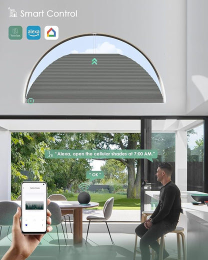 Yoolax Smart Cellular Shades, Motorized Arch Window Honeycomb Blinds Motorized Blinds with Remote Compatible with Alexa, Customized Arched Cellular Shades (Blackout Dark Grey)