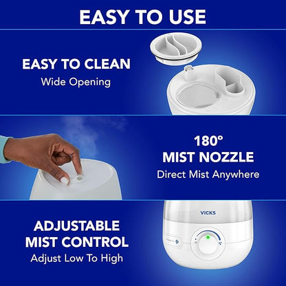 Vicks Mini Filter Free Cool Mist Humidifier, Small Room – Variable Mist Control – Works with Vicks VapoPads