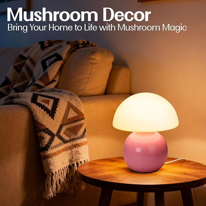 Small Mushroom Lamp,USB-Plug in Bedside Table Lamps with 3-Temperature LED Bulb Dimmable,Unique Cute Aesthetic Home Decor for Living Room,Bedroom, Modern Ceramic Base Glass Lamp(Pink)