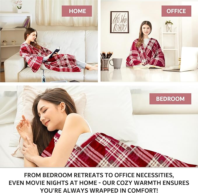 Beautyrest Wearable Electric Poncho Wrap Blanket, Ultra Soft Sherpa & Berber Fleece Heated Throw, UL Certified & OEKO-TEX, 3 Heat Settings & 2 Hour Auto Shutoff, Gift-Ready, 50" x 64", Red Plaid