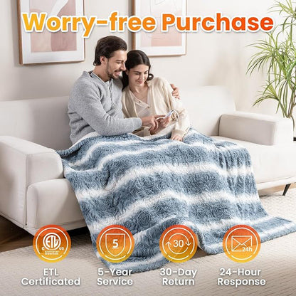 WOOMER Heated Blanket Throw 50" x 60", Electric Blanket Throw with 4 Heating Levels & 4H Auto Off, ETL Certified, Blue White Flowers Patterns Faux Fur & Sherpa, Machine Washable