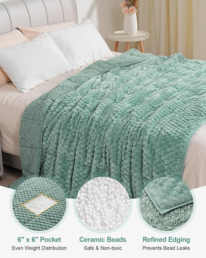 Super Soft Luxury Fleece Sherpa Weighted Blanket 15 lbs for Adults, Turtle Shell Fuzzy Cozy Warm Weighted Throw for Winter, Ceramic Beads Washable Heavy Blankets for Couch Bed, Sage Green, 60" x 80"