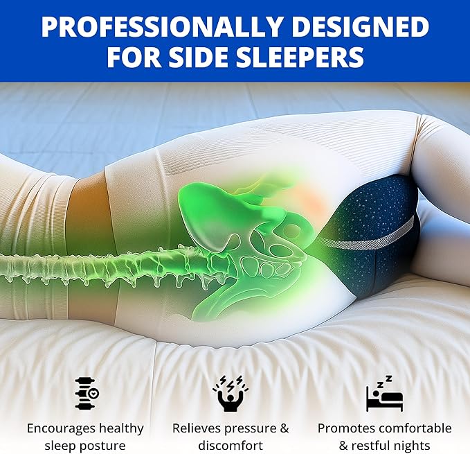 SmoothSpine Alignment Leg Pillow for Side Sleepers – Ergonomic Memory Foam Knee Pillow with Adjustable Strap, Supports Hip & Back, Washable Breathable Cover for Restful Sleep, Navy