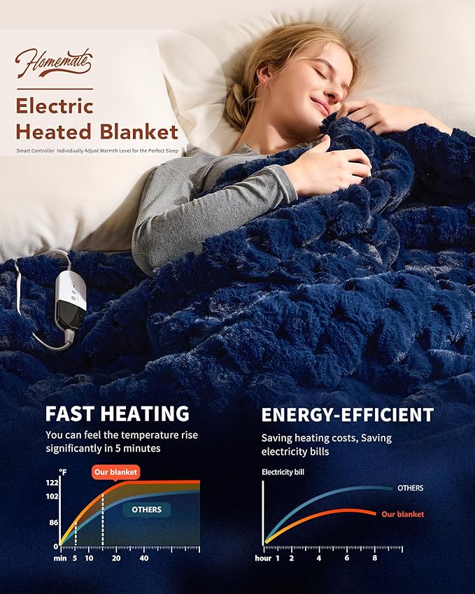 Homemate Electric Heated Throw Blanket - 50"x60" Luxury Faux Fur Heating Bed Blankets with 10 Heating Levels 8 Hours Auto Off Fast Heating Over-Heated Protection Ultra Soft Warm Flannel ETL Certified