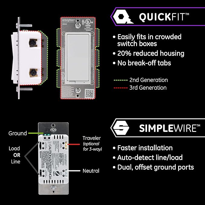 Enbrighten 43080 Zigbee in-Wall Smart Paddle Dimmer with QuickFit and SimpleWire, White/Almond
