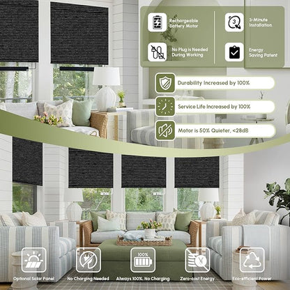 FineTell Motorized Blinds with Remote, 100% Blackout Roller Shades Work with Alexa,Apple Homekit,Google Home APP and Voice Control, Customized Electric Blinds (100% Blackout Eclipse Obsidian Black)