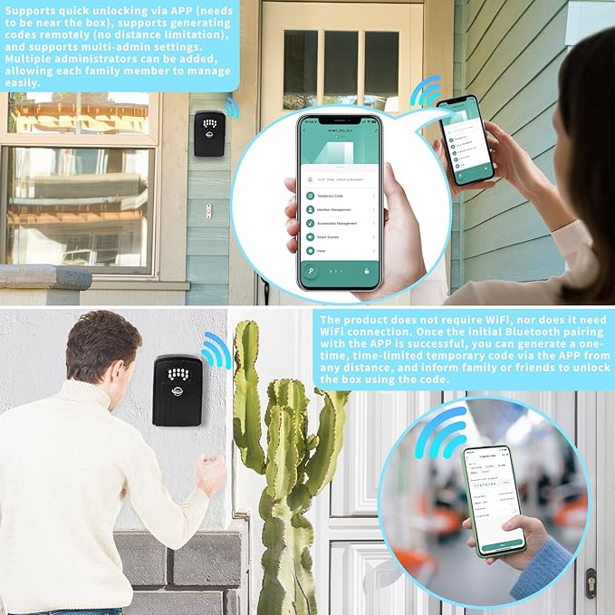 Smart Bluetooth Key Lock Box,Remote Access via App/Code,Resettable 6-Digit Combination,Large Capacity for 5 Keys,Wall-Mounted,No WiFi Needed,Black