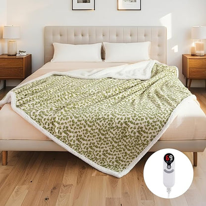 Electric Heated Blanket Full Size 72"x84", Ultra-Soft Plush with Overheat Protection, 9 Adjustable Heat Settings & 10-Hour Auto-Off Timer, Fast Heating for Winter Comfort, Green White Leopard Print