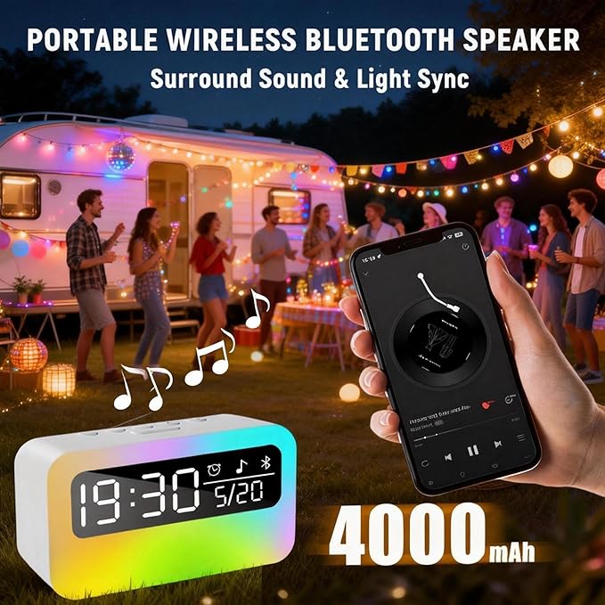 4-in-1 White Noise Sound Machine with 24 Soothing Sounds, Adjustable Night Light for Kids Adult, 4000mAh Rechargeable Bluetooth Speaker with Time Display as Chirstmas Gifts for Kids