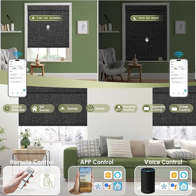 FineTell Motorized Blinds with Remote, 100% Blackout Roller Shades Compatible with Alexa,Apple Homekit,Google Home APP and Voice Control, Customized Electric Blinds (100% Blackout Dual Sided Black)
