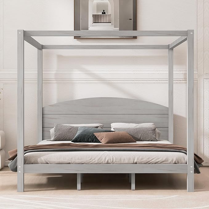 LUMISOL Canopy Bed Frame King Size, Solid Wood Four Posters Bed Frame with Headboard & Slat Support Legs, No Box Spring Needed, Grey Wash