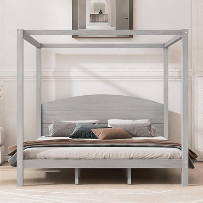 LUMISOL Canopy Bed Frame King Size, Solid Wood Four Posters Bed Frame with Headboard & Slat Support Legs, No Box Spring Needed, Grey Wash