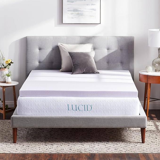 Lucid 3 Inch Lavender Memory Foam Mattress Topper, King Size – Essential Oil Infusion – Deep Plush Feel, Pressure-Relieving Bed Topper – Ventilated and Breathable – CertiPur Certified