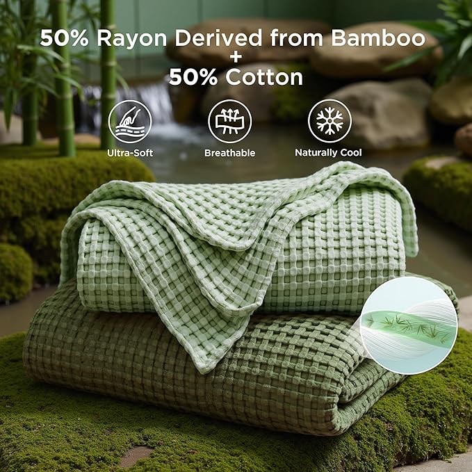 Bedsure Cooling Cotton Waffle Queen Size Blanket - Lightweight Summer Blanket of Rayon Derived from Bamboo for Hot Sleepers, Luxury Throws for Bed, Couch and Sofa, Sage Green, 90x90 Inches