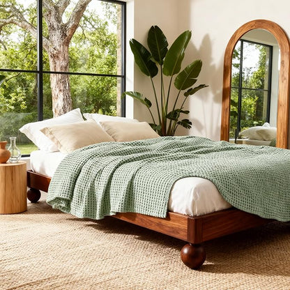Bedsure Cooling Cotton Waffle Queen Size Blanket - Lightweight Summer Blanket of Rayon Derived from Bamboo for Hot Sleepers, Luxury Throws for Bed, Couch and Sofa, Sage Green, 90x90 Inches