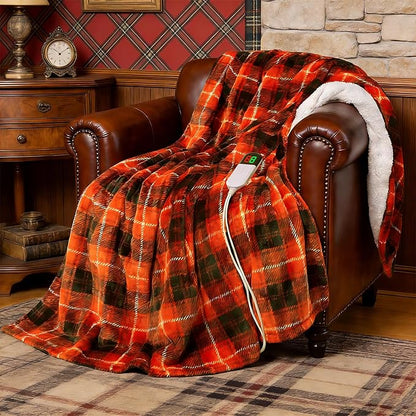 Electric Heated Blanket 62"x84",Fast Heating Twin with 8 Hours Auto Off/8 Heats Levels,Soft Orange Plaid Sherpa Electric Blanket with ETL Certification & Over-Heat Protection