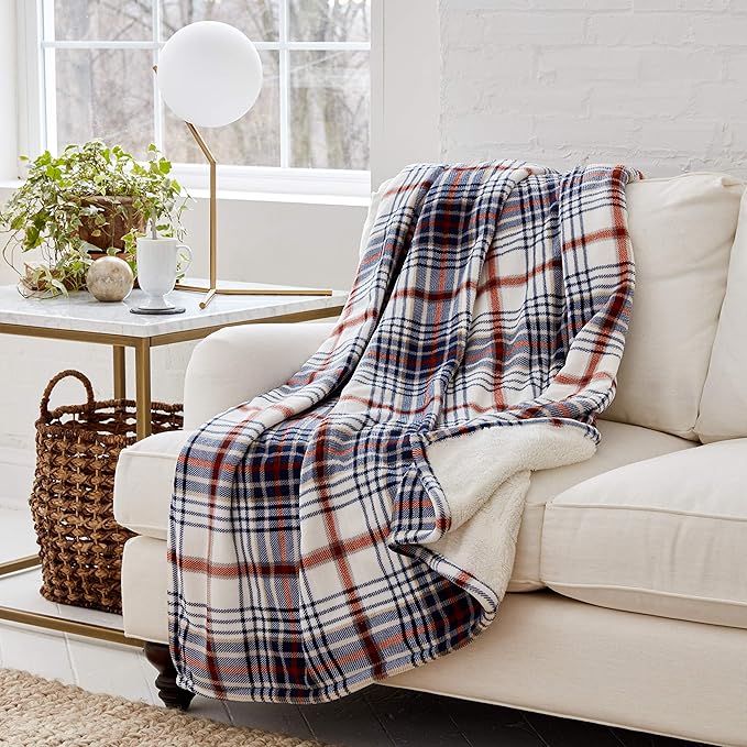 Eddie Bauer | Smart Heated Electric Throw Blanket - Reversible Sherpa - Plaid Blue