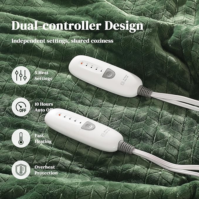 Electric Blanket Queen 84"x90" Heated Blanket Queen Size Dual Control Wheat Pattern Ultra-Soft Flannel & Thick Sherpa with 5 Heat Settings & 10H Auto Off, FCC/ETL Certified, Machine Washable, Green