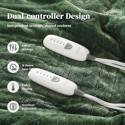 Electric Blanket Queen 84"x90" Heated Blanket Queen Size Dual Control Wheat Pattern Ultra-Soft Flannel & Thick Sherpa with 5 Heat Settings & 10H Auto Off, FCC/ETL Certified, Machine Washable, Green
