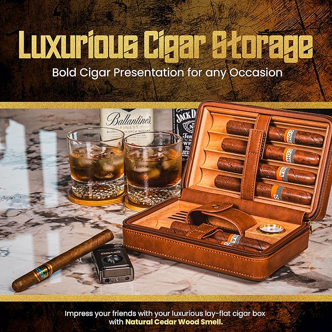 Cigar Humidor Case, Leather Cedar Wood Cigar Box with Built in Hygrometer and Humidifier, 3 in 1 Cigar Torch Lighter, V Cut and Punch Cutter, Portable Cigar Travel Humidor Kit for Men (Brown)