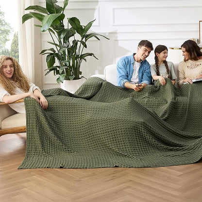 Bedsure Cooling Cotton Waffle Oversized King Blanket - Lightweight Breathable Rayon Derived from Bamboo for Hot Sleepers, Luxury Throws for Bed and Sofa, Olive Green, 120x96 Inches