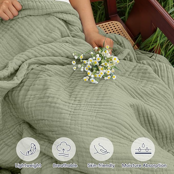 PHF Cooling Muslin Blanket Queen Size 90"x80", 6-Layer Lightweight Gauze Blanket Made from 35% Rayon Derived from Bamboo & 65% Cotton, Breathable & Ultra Soft Cozy for Hot Sleepers, Tea
