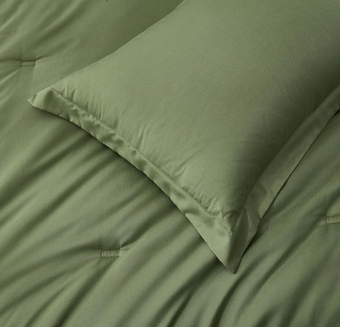 Chezmoi Collection Cliff 3-Piece Lightweight Cooling Comforter Set, Queen- Rayon Derived from Bamboo & Polyester Blended, Soft Breathable Bedding for Hot Sleepers, Olive Green