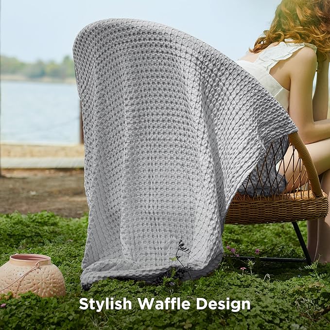 Bedsure Cooling Cotton Waffle Weave Blanket - Lightweight Breathable Blanket of Rayon Derived from Bamboo for Hot Sleepers, Luxury Throws for Bed, Couch and Sofa, Grey, 50x70 Inches