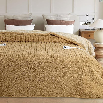 Heated Blanket Electric Blanket King - Fast Heating Blanket Throw Dual Controllers Double Sided Sherpa with 10 Heating Levels & 2-10 Hours Auto Off, Mashine Washable, 90 x 100 Inches, Camel