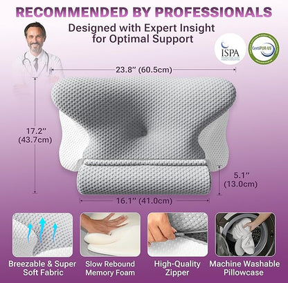 Cervical Neck Pillow for Sleeping, Dreamers Relief Pillow, Side Sleeper Pillow for Adults, Adjustable Height Memory Foam Pillow and Detachable Roll, Back & Stomach Sleeping Neck Pain Relief (Gray)